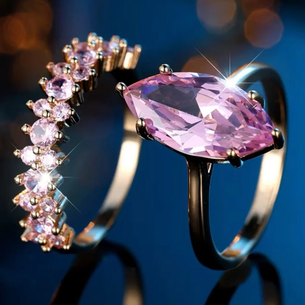 NEW Gold Marquise Cut Pink Stone CZ Wedding Ring Set - SIZE 8